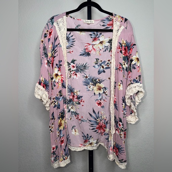 indigo Rose Sweaters - Indigo Rose Floral Kimono Cardigan with Lace Trim